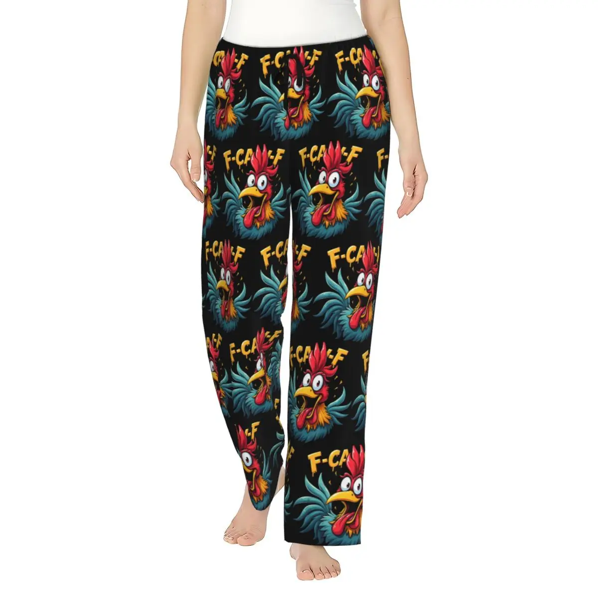 Фото Женские пижамные штаны с забавным принтом F-Caw-F Chicken - штаны для отдыха FCAWF Chicken Lounge Pants с карманами, нижняя часть пижамы для общежития №1