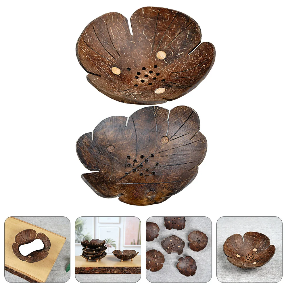

2 Pcs Coconut Shell Storage Bowl Soap Container Home Ornament Plate Cute Candy Holder Wooden Drain