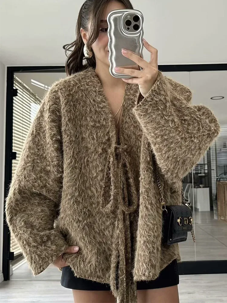 TRAF Элегантные женские свободные однотонные пальто на шнуровке Модная