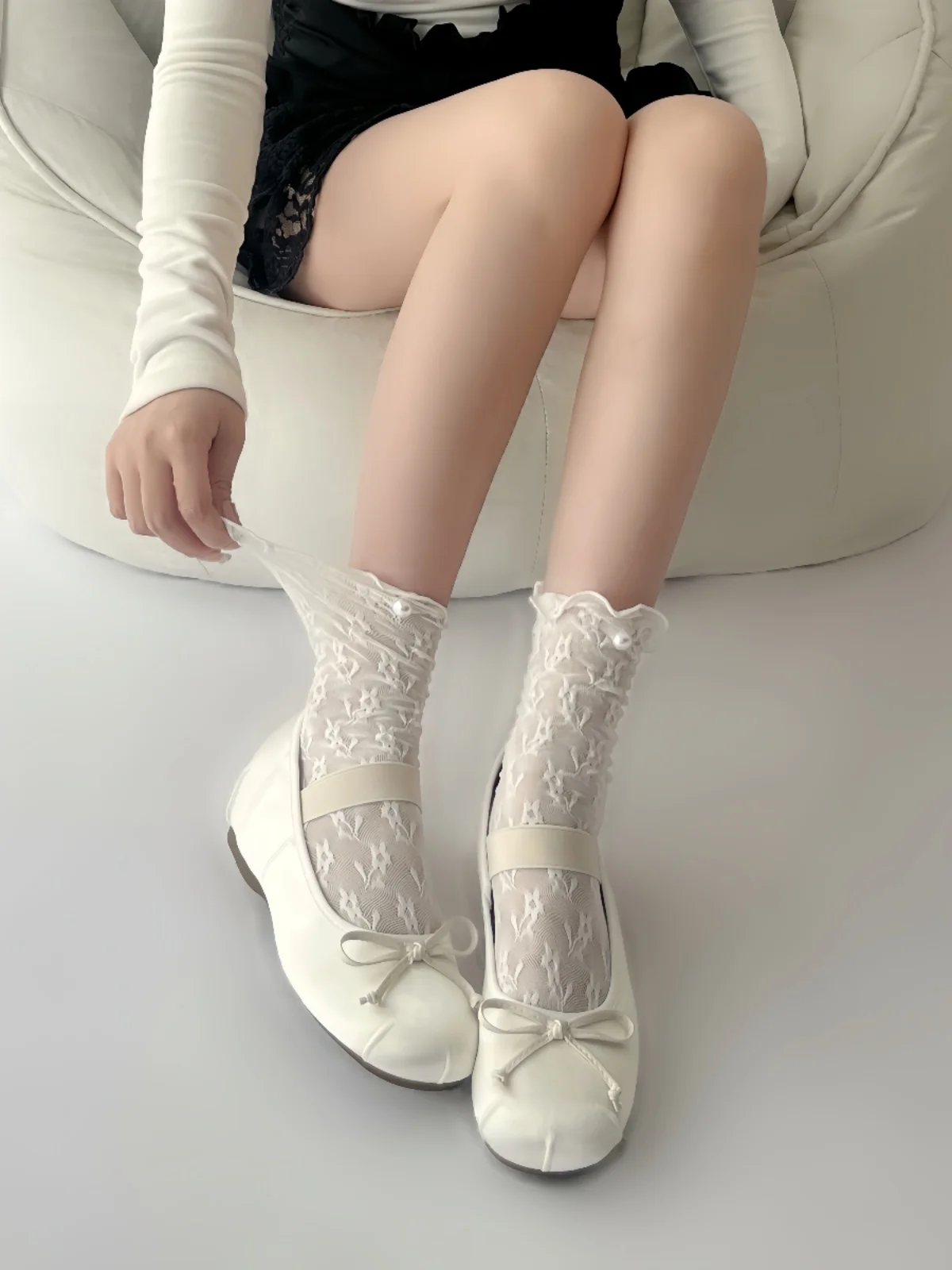 Wuuuus Ballet Sle носки женские летние тонкие белые ворсовые Лолита жемчужные