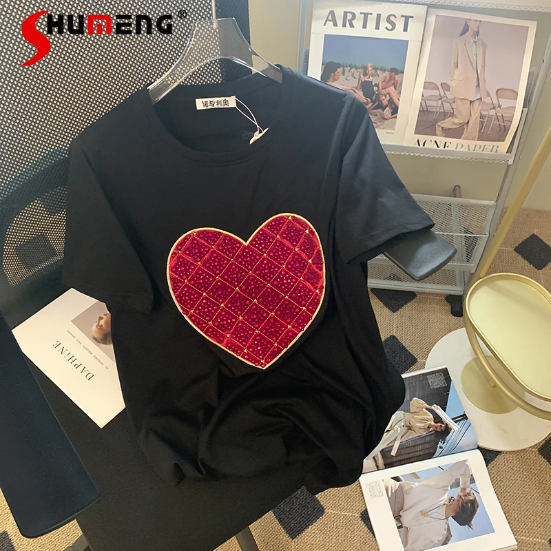 

Simple Embroidery Hot Drilling Red Love Short-Sleeved T-shirt Women 2022 Summer New Fashion Loose Chic Casual Pullover Top Tees