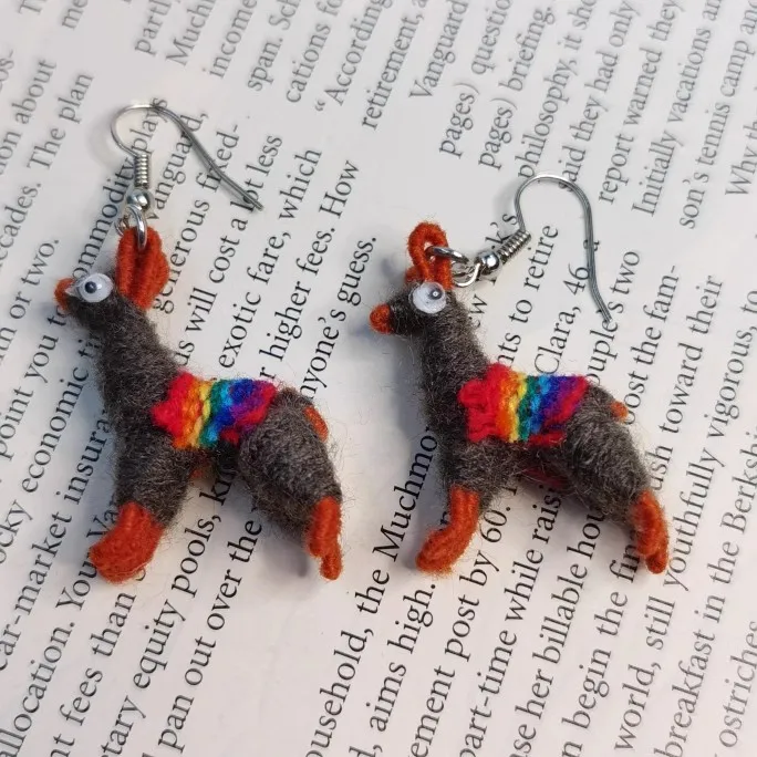 Стильные вязаные разноцветные серьги ручной работы с имитацией пряжи из альпаки