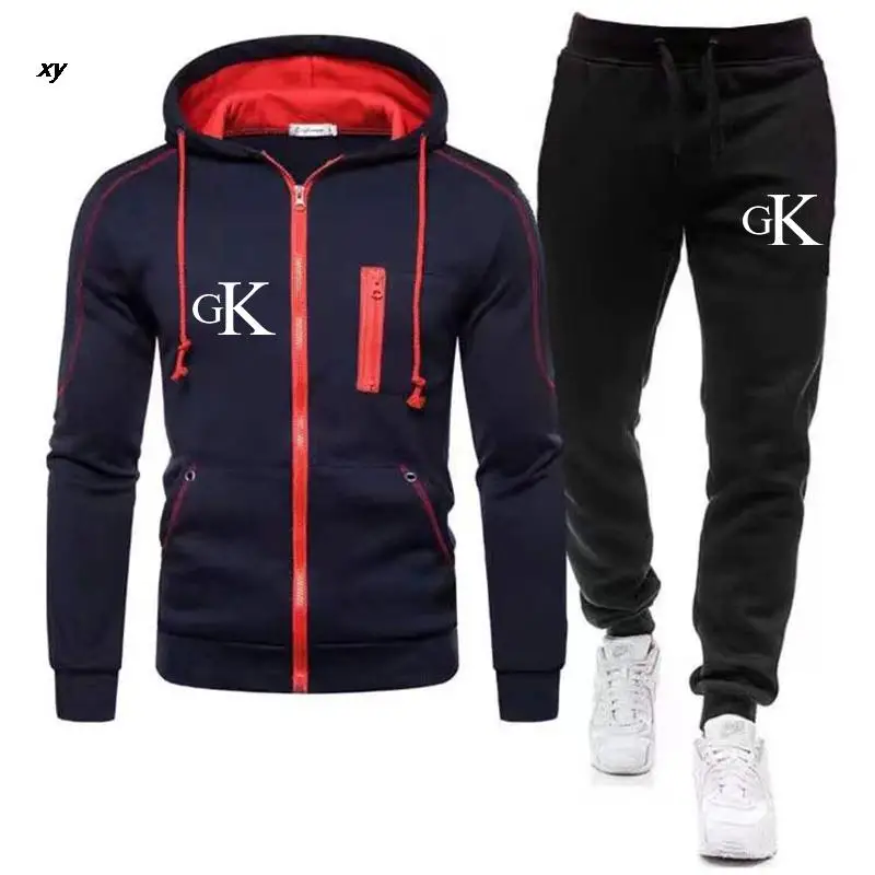 

Hot selling men's sportswear leisure jogging suit fashion print / suit outdoor suit zipper jacket + Black sweatpants 2pcs