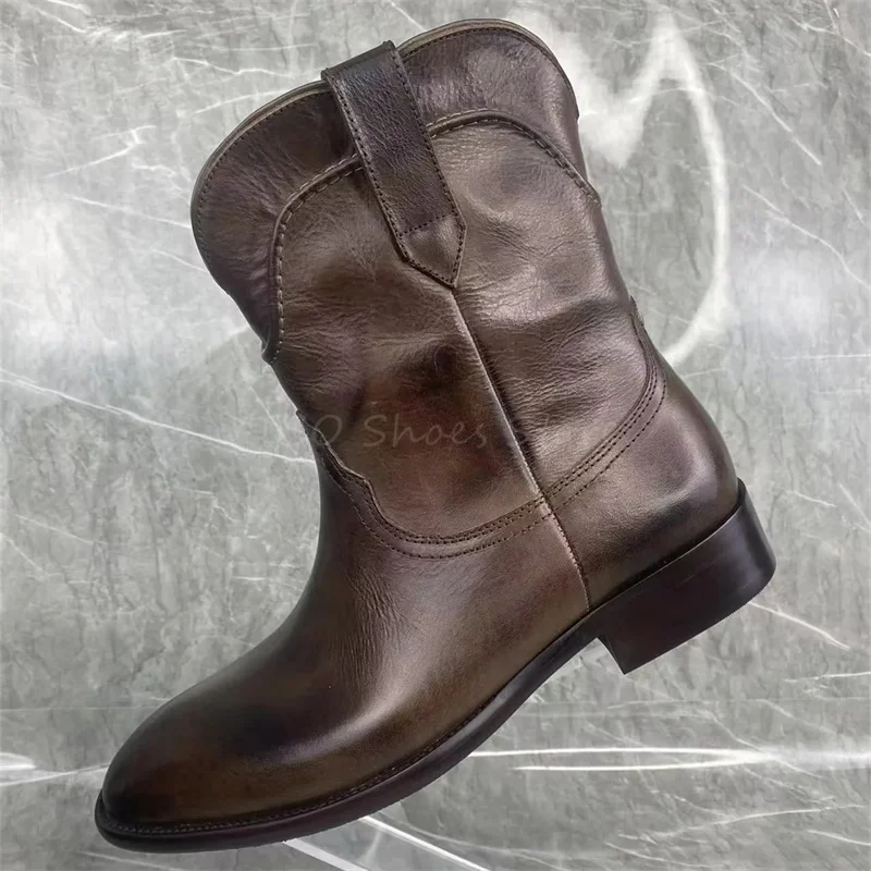 Мужские ковбойские сапоги винтажные коричневые короткие из натуральной кожи