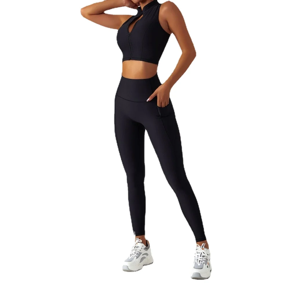 Breathable zipper long sleeve yoga clothes set female training outside wear fitness clothes high strength tight running sports s