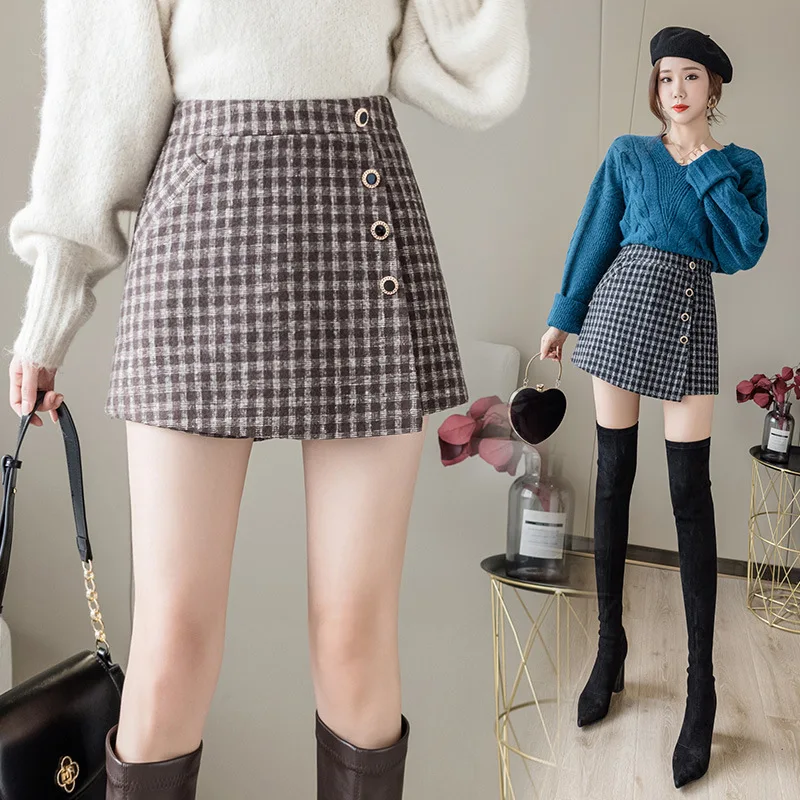

2022 Autumn Winter New Women Woolen Skirt Fashion Design Plaid Button High Waist Culottes Slim and Slim Sexy Black Hip Skirt