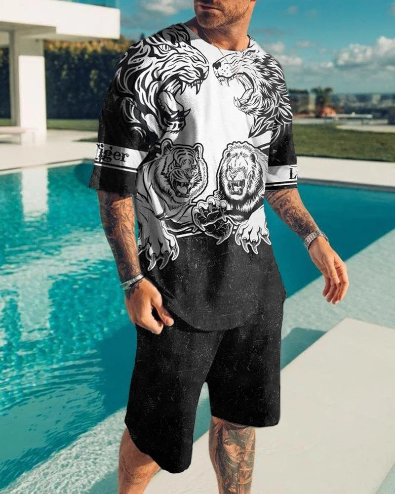 2023 Summer Men O Collar Short Sleeve + Shorts Beach Breeze Animal 3d Printed Pattern Fashion Casual Loose T-shirt Set Tracksuit