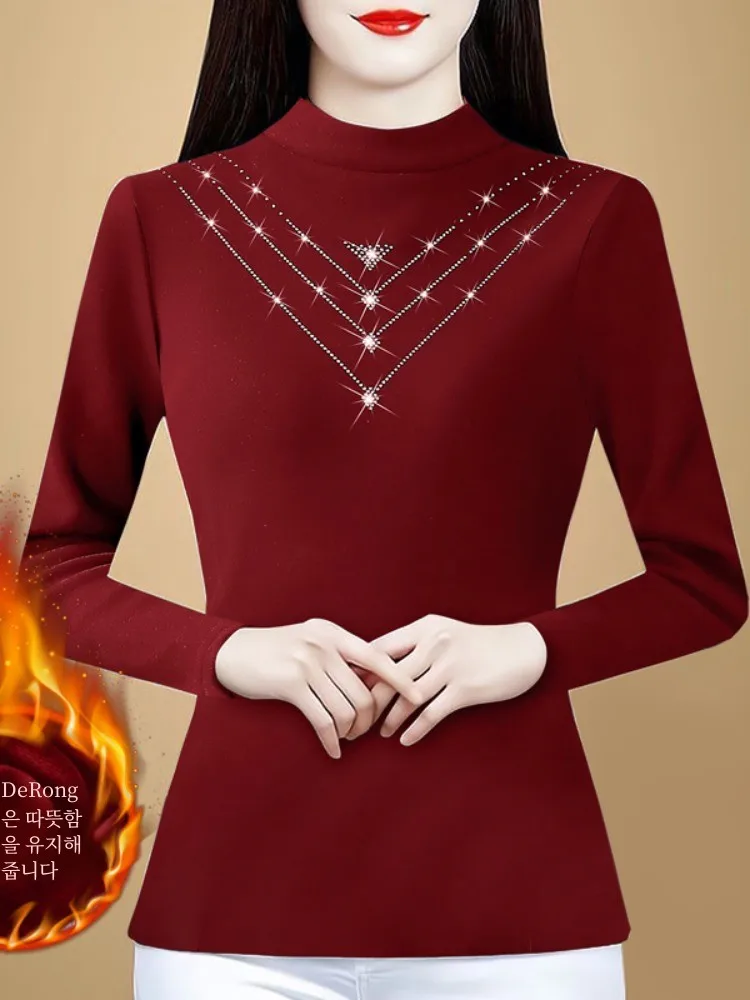 Ankela Red Hot Drilling Slim fit Женская нижняя рубашка Dralon 2024 новая осенняя с утолщенным низом