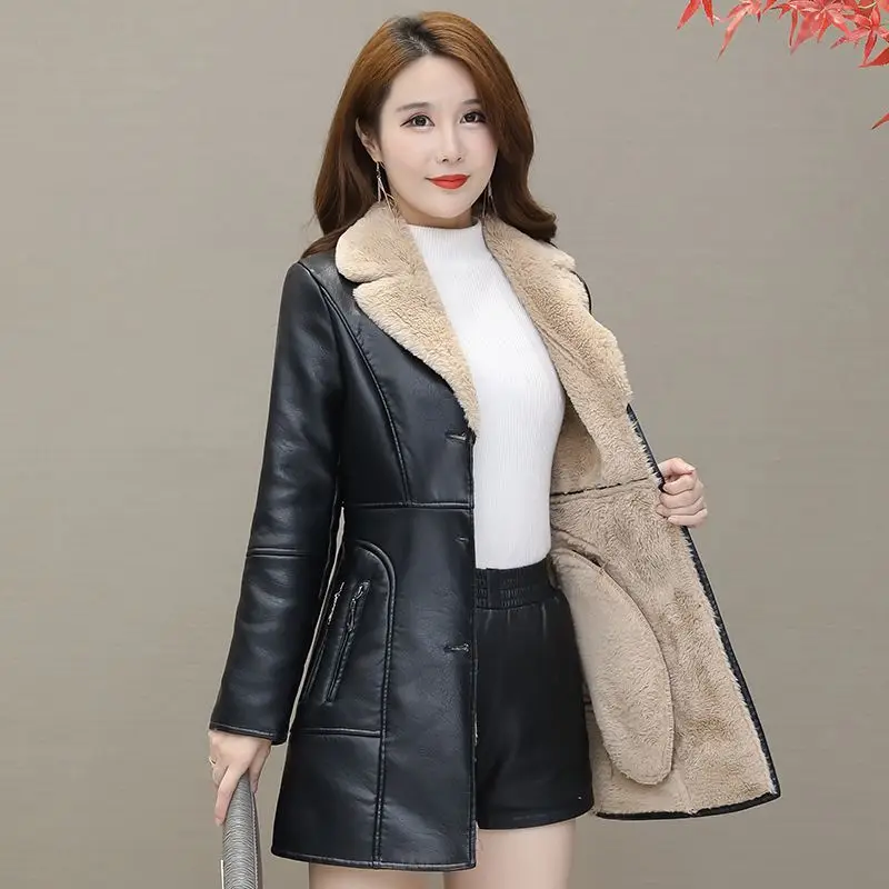 Spring and Autumn style plush and thick leather jacket for women, medium length fur collar, leather trench coat for women
