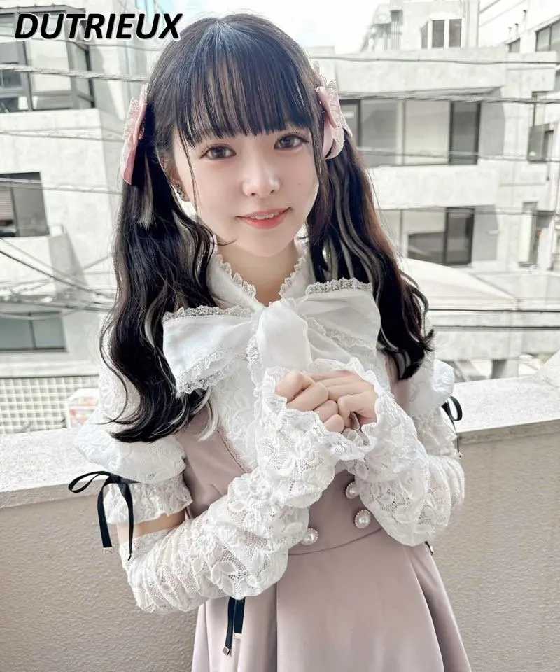 

Women's Tops Spring autumn Japanese Style Rojita Long Sleeve Blouse Bow Sleeve Detachable Fashion Puff Sleeve Lace Shirt Female