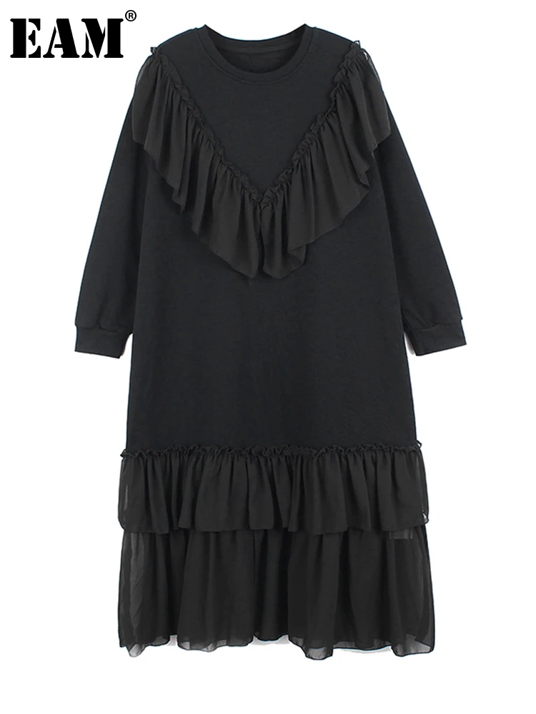 

Женское длинное платье с оборками EAM, черное Свободное платье с круглым вырезом и длинными рукавами, весна-осень 2023, 1DF1667