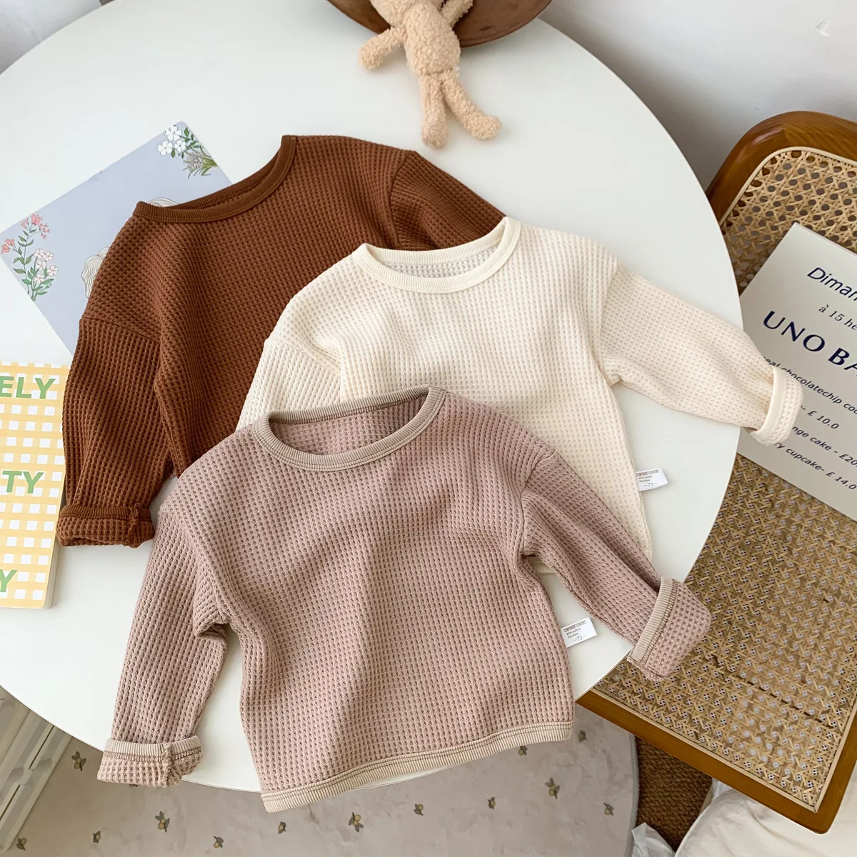 

Infant round neck T-shirt sweater jacket spring and autumn boys and girls rough waffle long-sleeved top