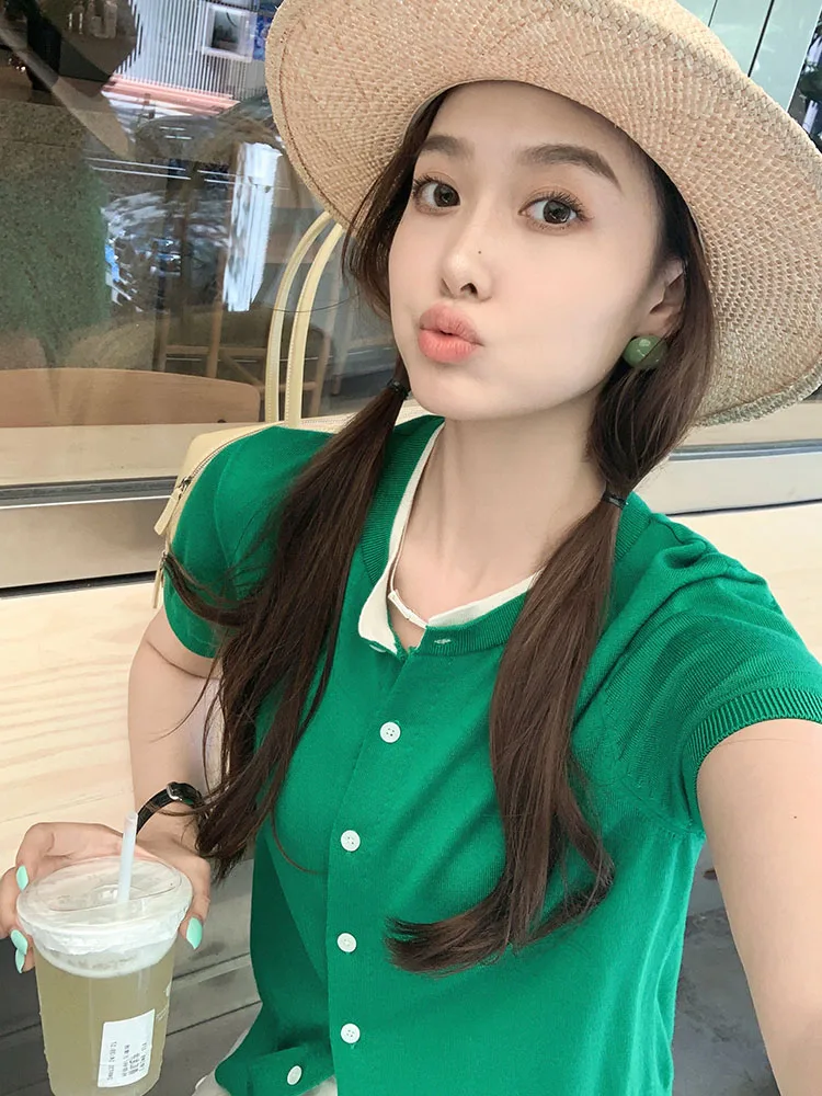 Meiyang [на складе] Триацетатный кардиган из киновари с кротом | Топ круглым вырезом