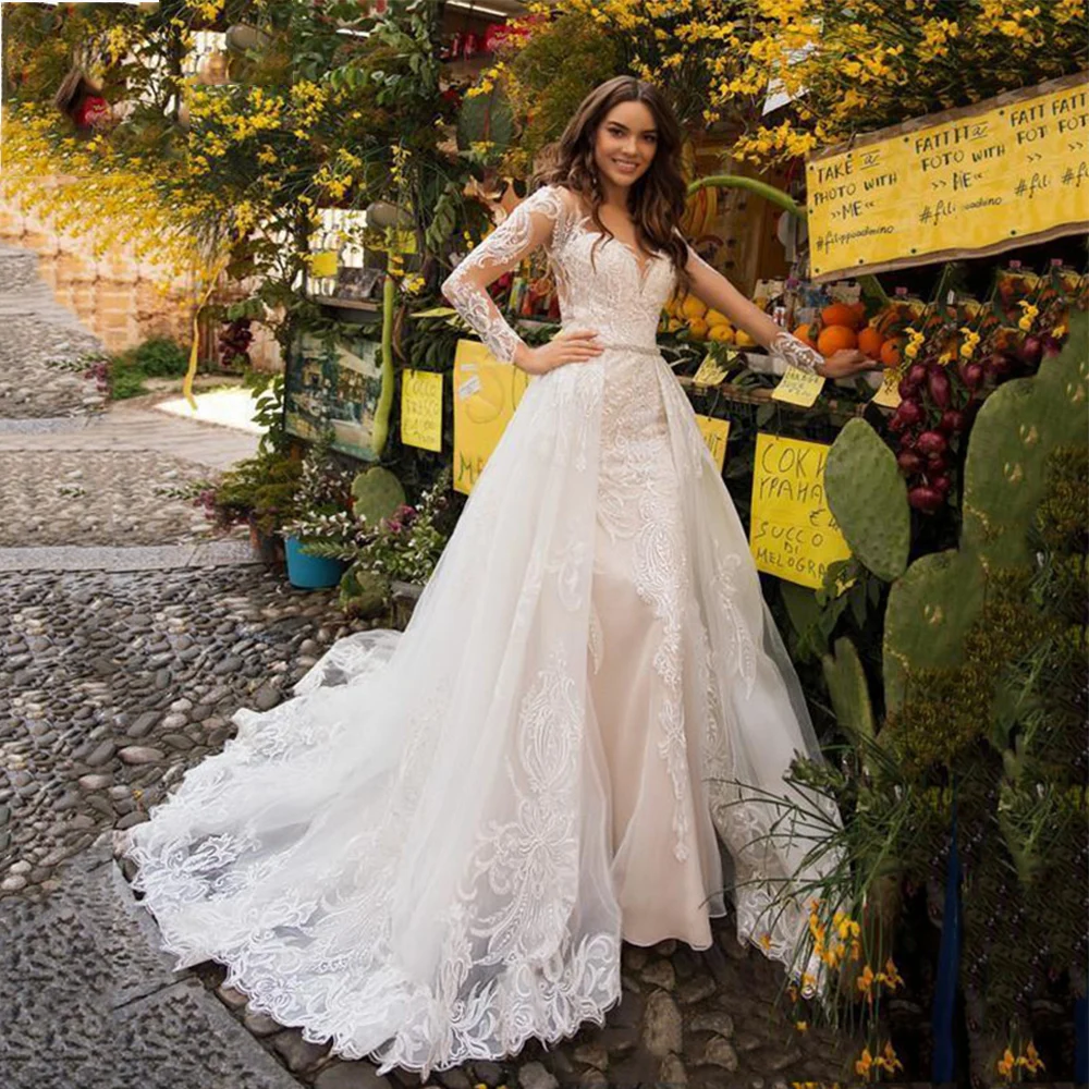 

Exquisite Wedding Dress Sexy Full Illusion Sleeve Scoop Button Back Vestido De Noiva Detachable Ttain Lace Applique Bride Gowns