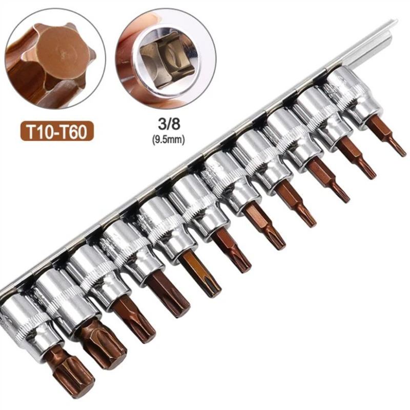 

11Pcs T10-T60 3/8" 1/4" Star Hexagonal Torx Bit Socket Kit Driver Sleeve Tool
