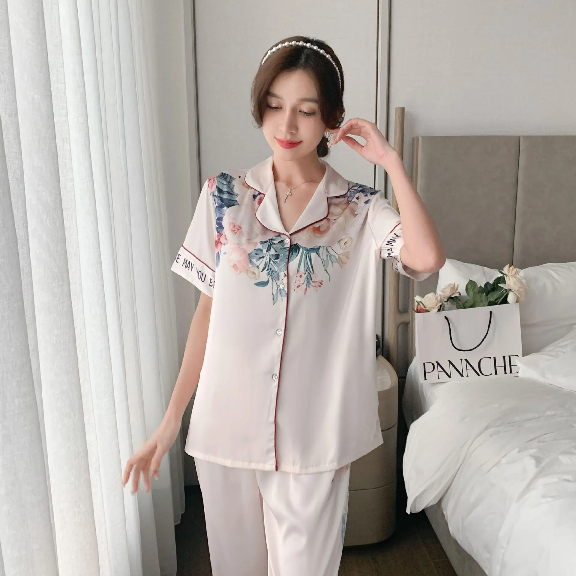Women's summer ice silk cool feeling pajamas short sleeved cardigan printed two-piece set 2023 new home wear