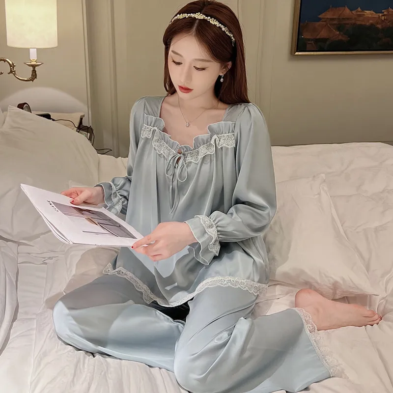 

Lace princess cute ice silk pajamas suit female sweet court style pajama set