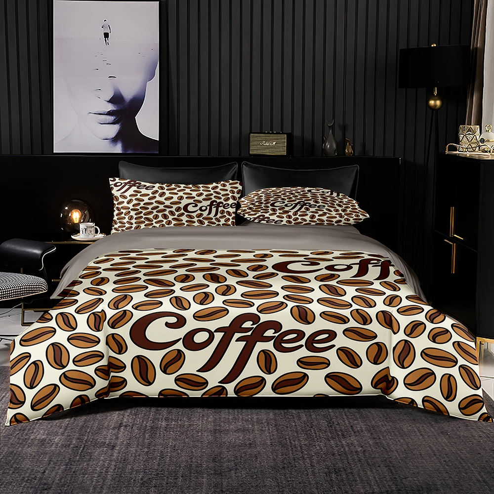 

American Style Bedding Set Quality Beige Style Duvet Cover Coffee Beans Print Set 220x240 with Pillowcase for Queen King Size