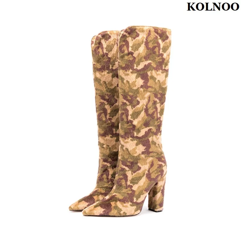 

Kolnoo New Handmade Retro Style Womens Chunky Heel Boots Camouflage Pointed-toe Big Size 34-47 Booties Fashion Prom Winter Shoes
