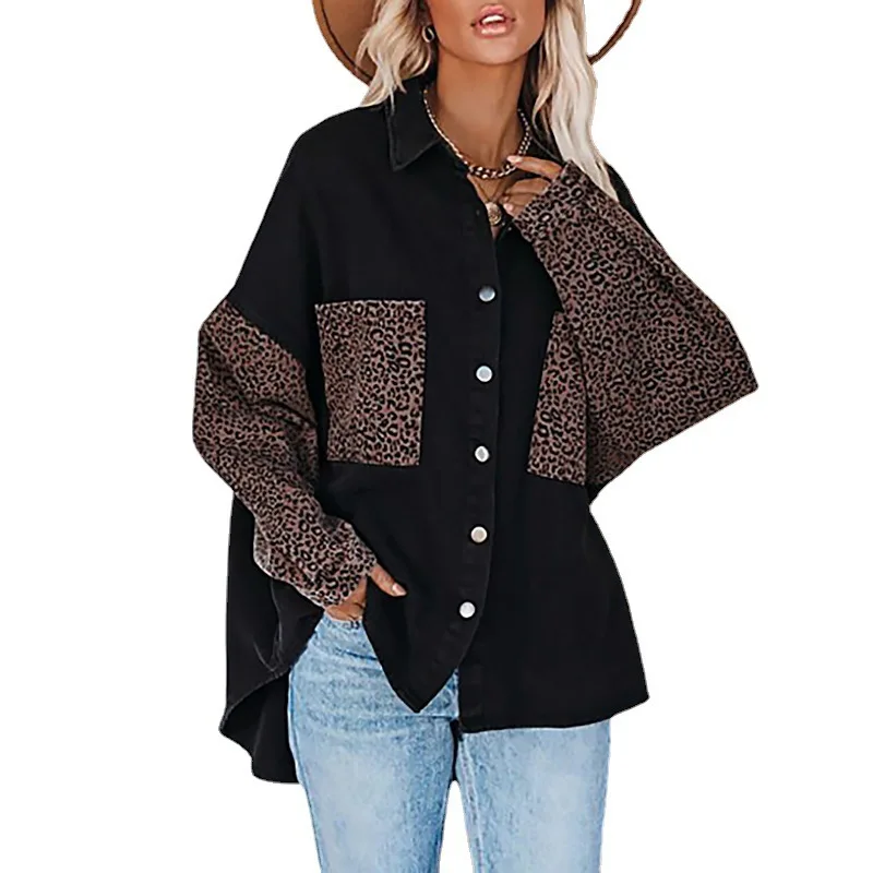 

Autumn New Shirt Coat Women's European and American Long Sleeve Pocket Leopard Print Printing Lapel Cardigan Top