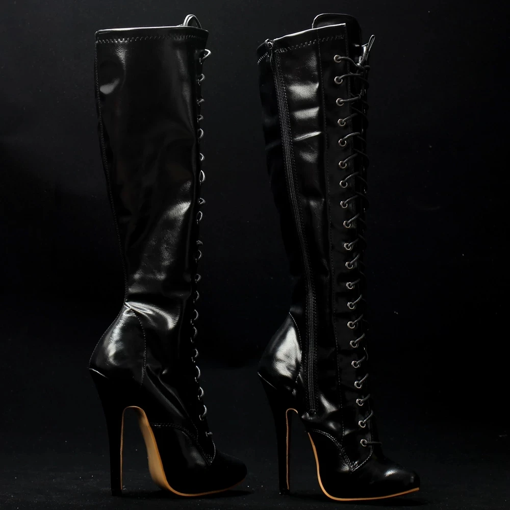 14CM High Heel Pointed toe Solid PU Leather Side Zip Women Fetish Cosplay Party Knee-high Boots