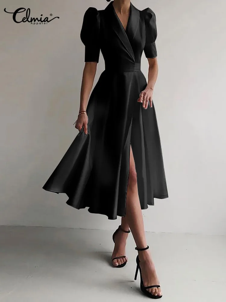 

Celmia Elegant Satin Swing Dresses Women 2022 Fashion Celebrities Puff Sleeve Party Dress Suit Collar Waisted Club Midi Vestidos
