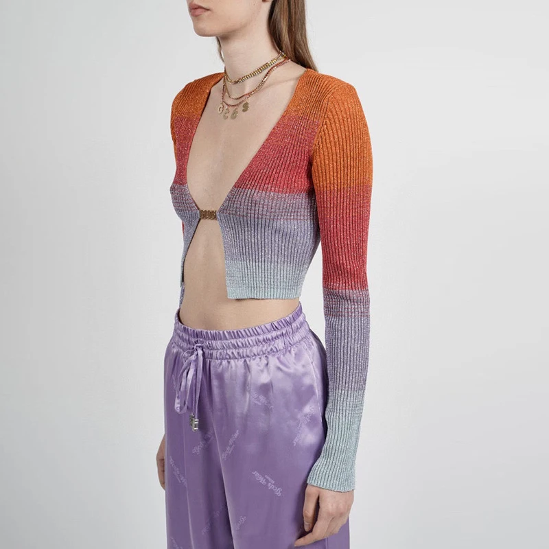 

2022 autumn temperament sexy short colorful knitted sweater, casual fashion contrast color stitching cardigan women's top