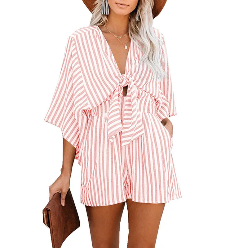 2023 Summer Waist Slim Striped Jumpsuit Women's Deep V Trumpet Sleeve Three-pointer Pants Jumpsuits for Women
