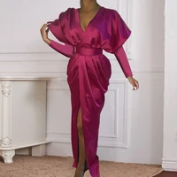 Women Burgundy Dress V Neck Wrap Shiny Puff Long Sleeve Maxi Dresses Loose Casual Christmas Party Female Robes Large Size 4XL