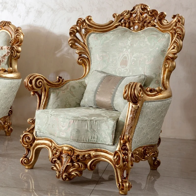 Европейский резной диван из цельной древесины золотой фольги Дворцовый тканевый