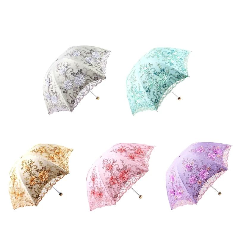 

Double Layer Embroidered Lace Umbrella Three Folding Anti-uv Windproof for Outdoor Traveling Camping Travel Umbrellas 2022 New