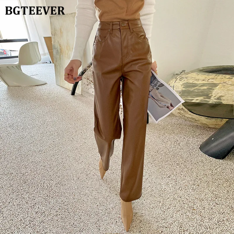 

BGTEEVER Stylish High Waist Loose Pockets Women Faux Leather Pants Autumn Winter Fashion Ladies PU Leather Wide Leg Trousers