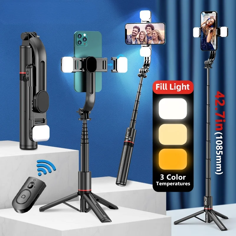 

2023 New L12d Foldable Wireless Bluetooth Selfie Stick Tripod with Remote Shutter Fill Light Aluminum Alloy Selfie Stck