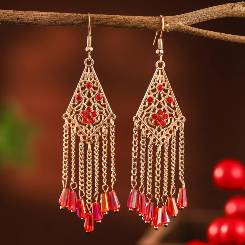 

Винтажные длинные серьги с кисточками 2022, трендовые элегантные женские серьги из сплава полый ромб с кристаллами