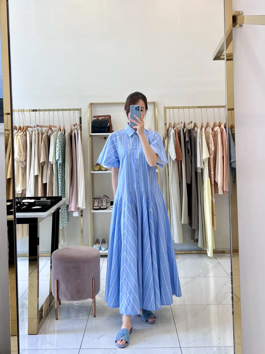 

WTIANYU2022 летнее корейское женское модное шикарное свободное повседневное однобортное платье макси в полоску с отложным воротником и расклеш...