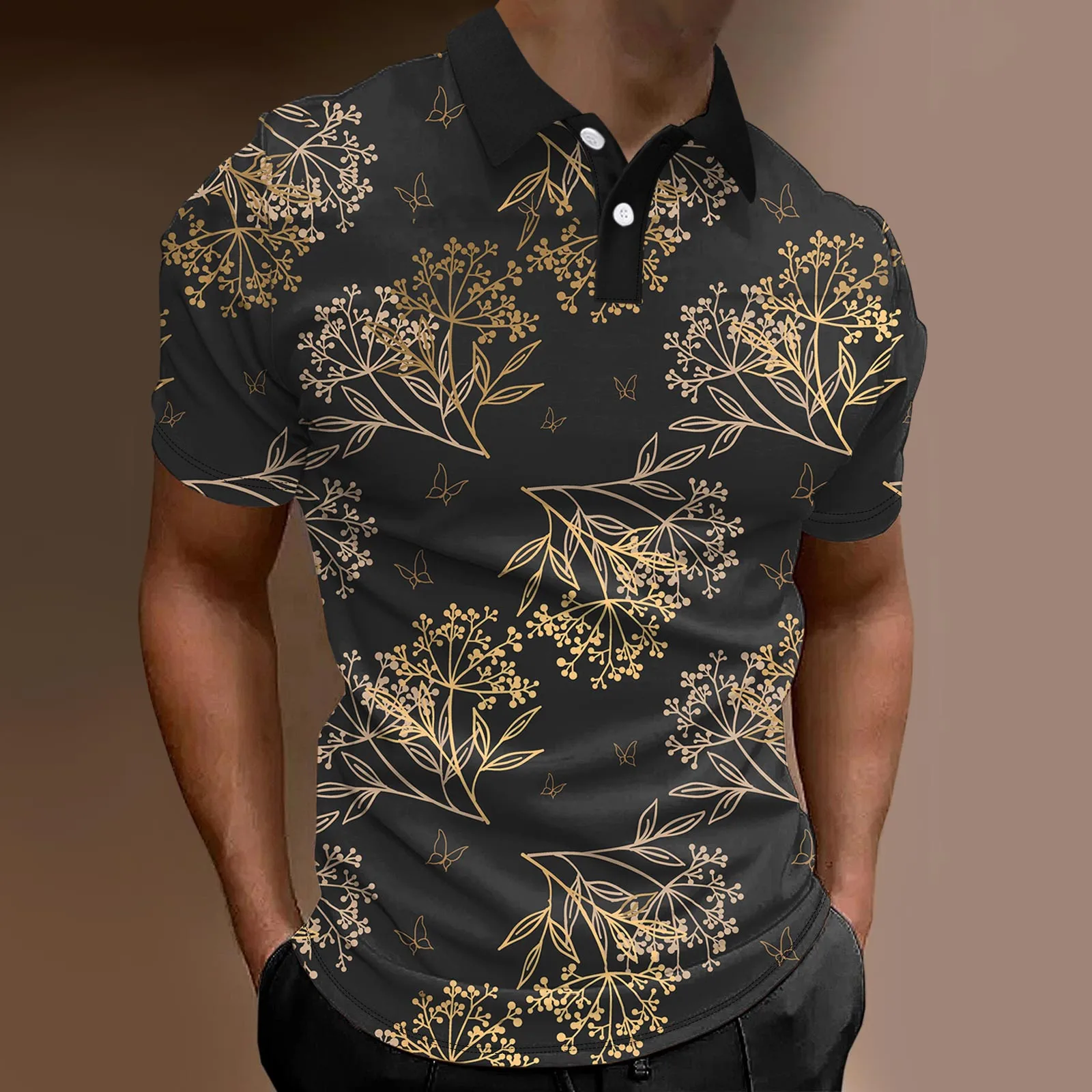 

Футболка мужская с коротким рукавом, модная Повседневная рубашка с отложным воротником, с принтом, с слоями, весна-лето