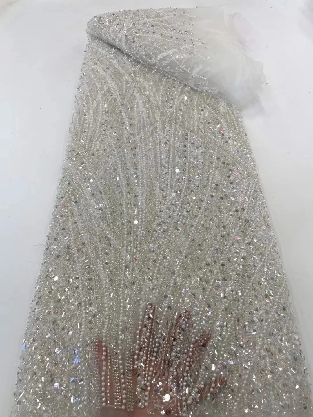 

Pure White African Luxury Sequins With Pearls Net Lace Fabrics High Quality Heavy Handmade Beaded Tulle Fabric For Wedding Dress