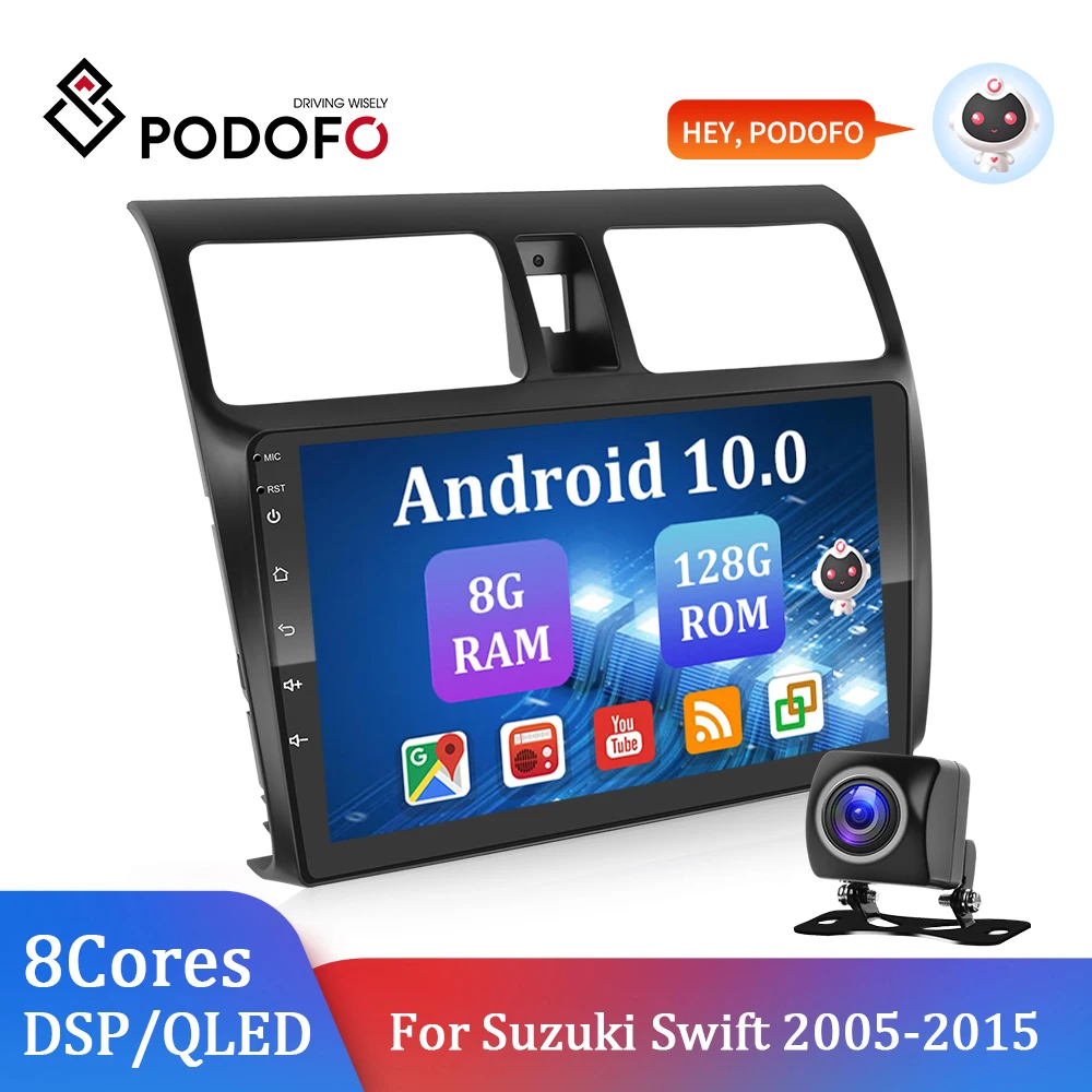 Podofo Android 10 8G + 128G 8 ядер DSP для Suzuki Swift 2005-2010 дюймов 2 Din GPS Ai Голосовое управление 4G WIFI