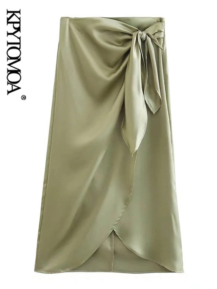 

KPYTOMOA Women Fashion With Knotted Front Slit Satin Wrap Midi Skirt Vintage High Waist Back Zipper Female Skirts Mujer
