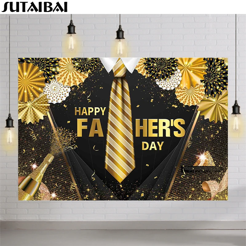 Gentleman Tuxedo Father's Day Backdrop Party Black Suit Bow Tie Gold Glitter Luxury Dinner Photography Background for Father Man