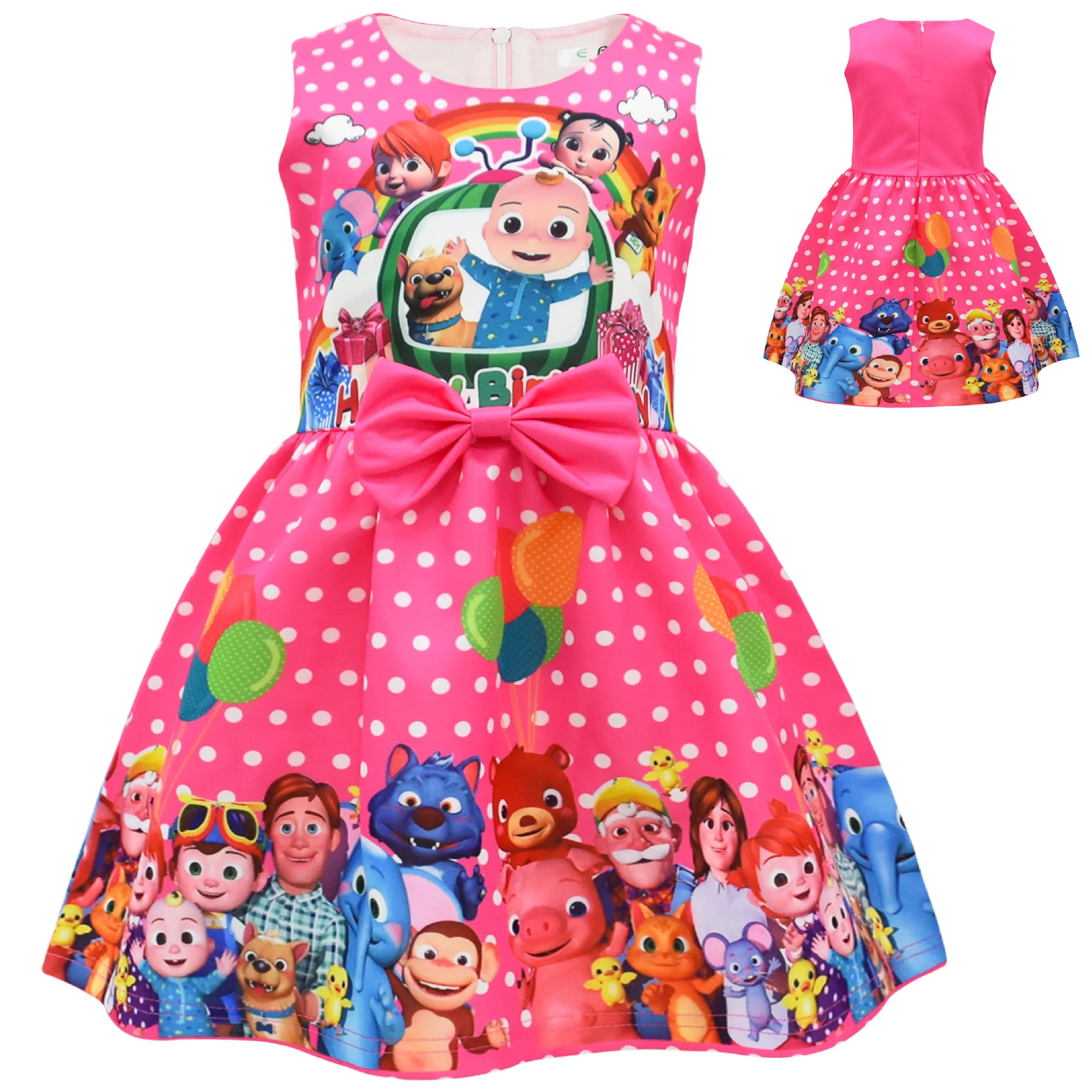 Summer Charm Girls Cartoon Cocomeloned Print Dress Kids Bow Sleeveless Birthday Party Princess Dress Cosplay Costumes
