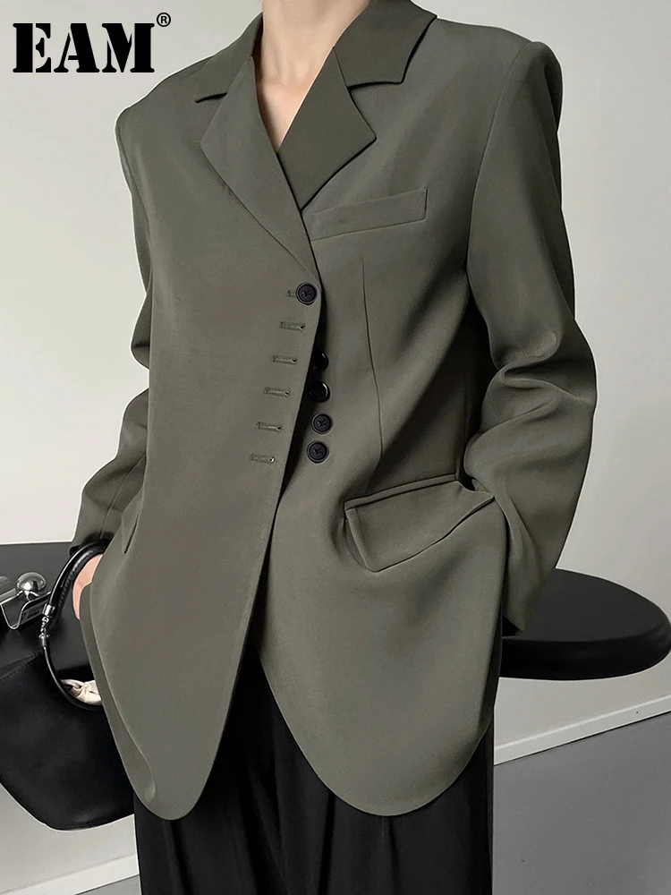 [EAM]  Women Green Irregular Button Elegant Blazer New Lapel Long Sleeve Loose Fit Jacket Fashion Spring Autumn 2023 1DF0397