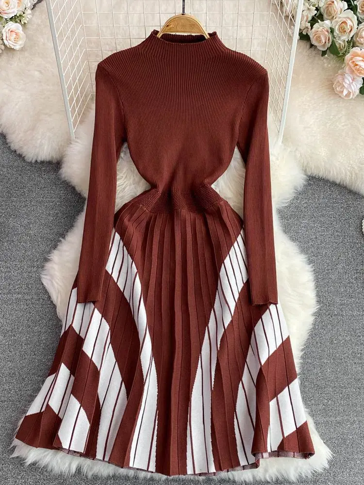 

Elegant Long Sleeve Turlteneck Pullover Women Thicken Sweater Dress 2022 Autumn Winter Knitted Stripe A-Line Soft Pleated Dress
