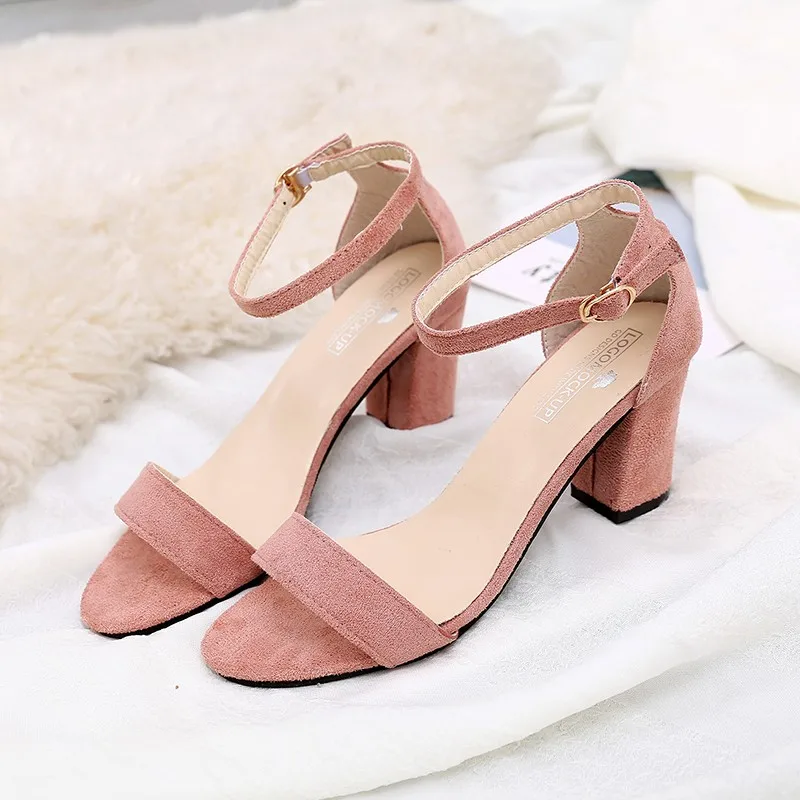 

2022 New Thick Heel Sandals Women Summer Fashion High Heel Mid-heel Buckle Sandals for Woemn Open Toe Flock Women's Shoes