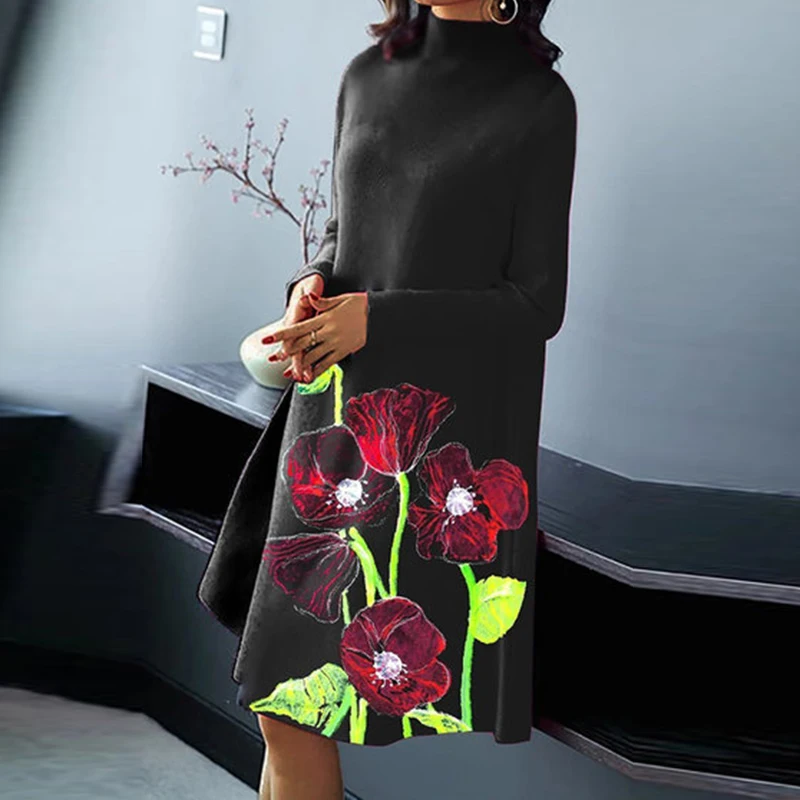 

Женское винтажное платье-пуловер с цветочным принтом, осень 2022, прямое офисное платье с длинным рукавом, облегающее Праздничное Платье До К...
