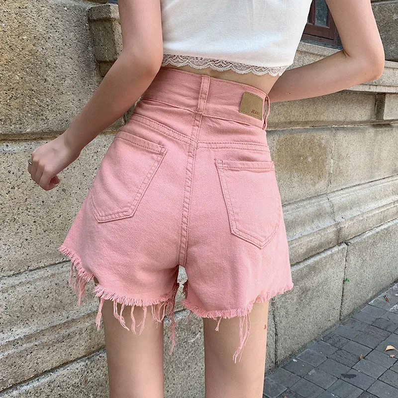 High Waist Denim Shorts Raw Edge For Women Pants Pink Korean Style Shorts Y2k Fashion Streetwear Jeans Casual Straight Female