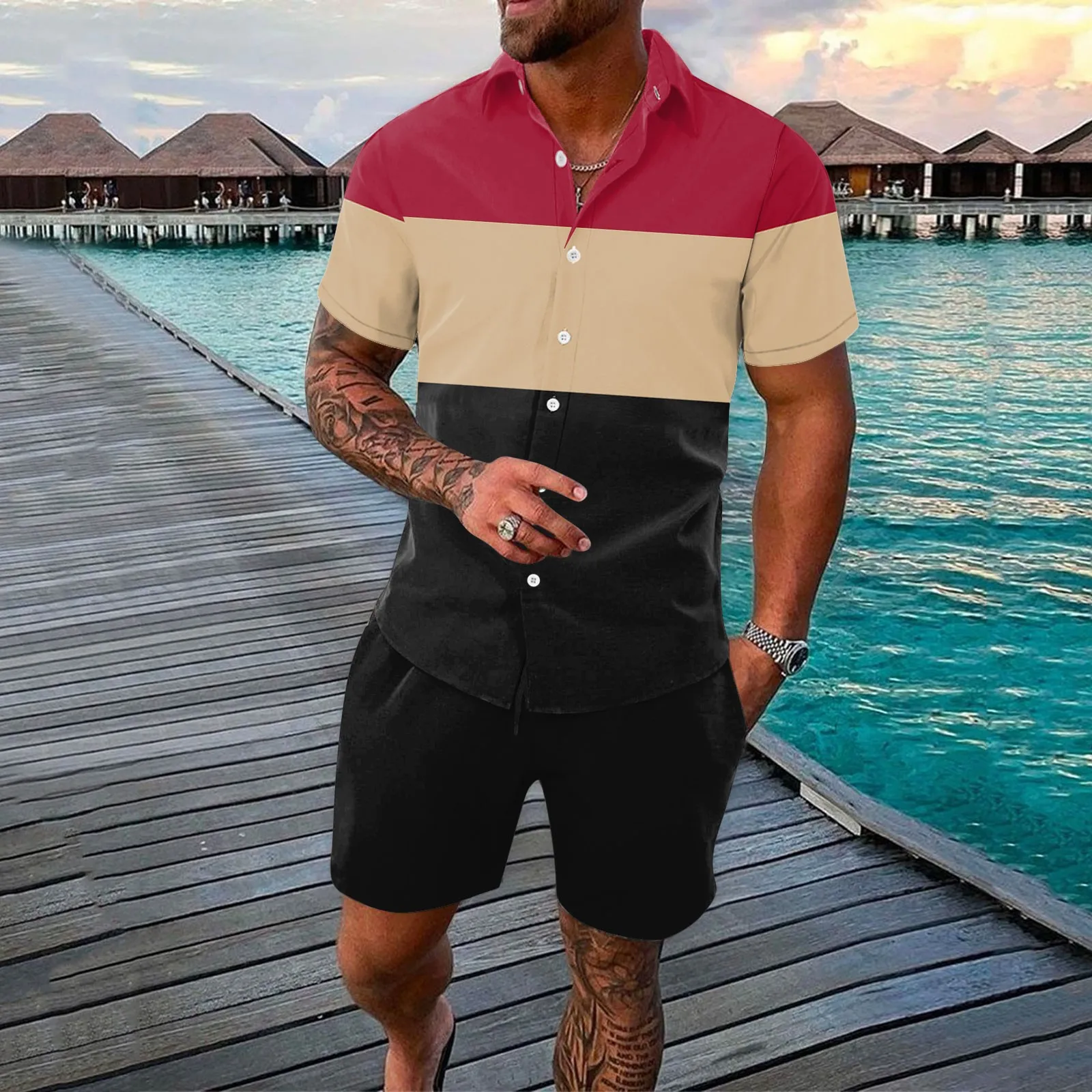 Male 2 Piece Set Color Block Shirts Solid Color Quick Dry Shorts Men Sets Ensemble Homme Streetwear Dailywear Conjuntos New