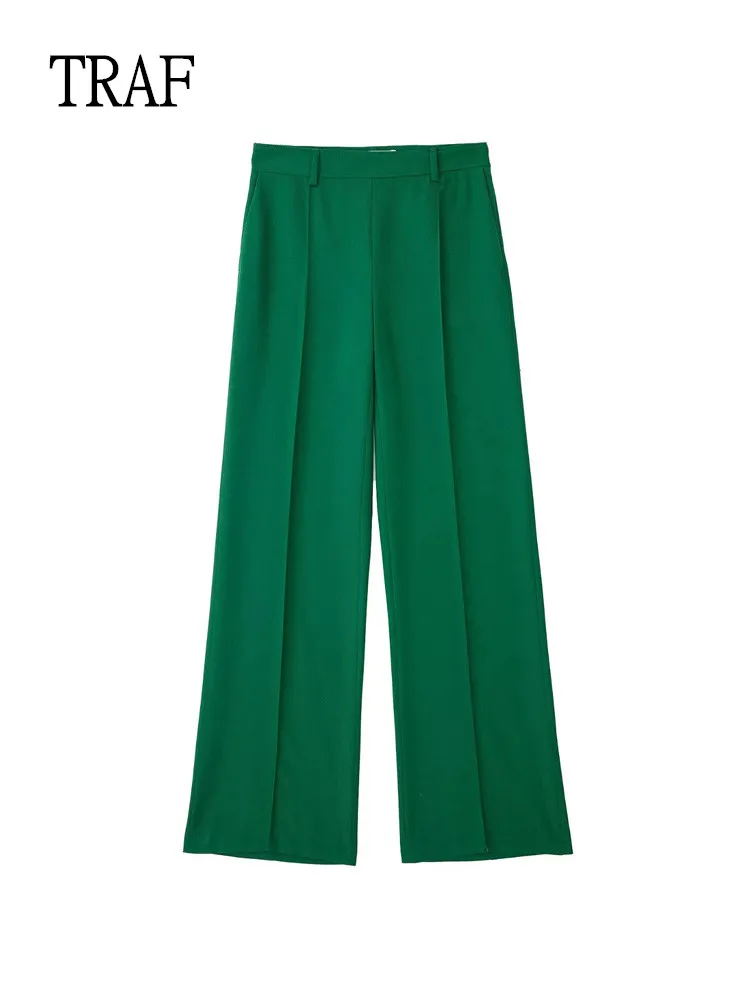 

TRAF Green Pant Women 2022 Vintage High Waist Trouser Suits Female Clothing Loose Straight Pants Korean Fashion Office Lady Pant