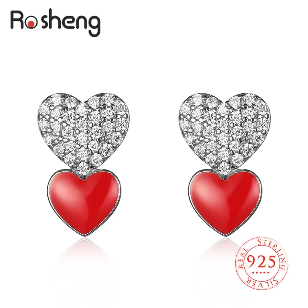

Rosheng 925 Silver Original CZ Crystal Double Heart Earrings for Women Trendy Rhinestone Party Jewelry Korea Style 2022