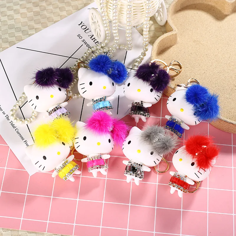 

Hello Kitty Creative Car Key Ring Cartoon Animal Key Chain Diamond Pendant Mink Fur Bag Pendant Car Ornament